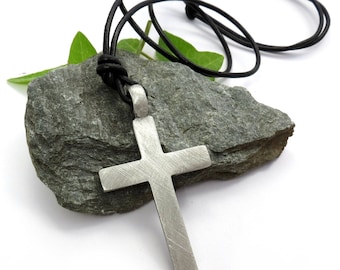 Large Rustic Cross Necklace, Mens Cross Pendant - Christian Jewelry, Adjustable Leather Cord