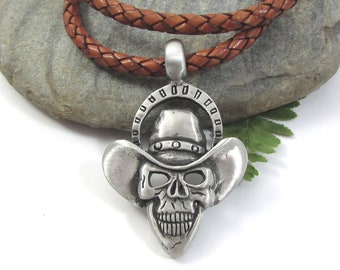 Skull Necklace, Mens Cowboy Skull Pendant with Thick Leather Cord