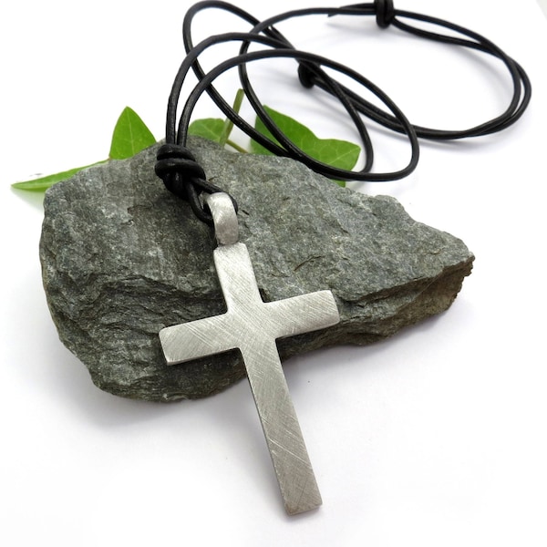 Large Rustic Cross Necklace, Mens Cross Pendant - Christian Jewelry, Adjustable Leather Cord