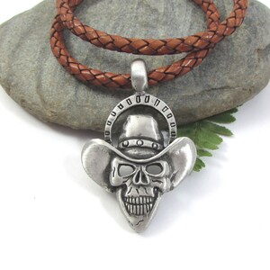 Skull Necklace, Mens Cowboy Skull Pendant with Thick Leather Cord