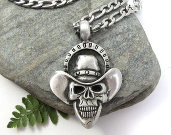 Cowboy Skull Necklace, Mens Southwestern Skull Pendant with Bulky Stainless Steel Figaro Chain