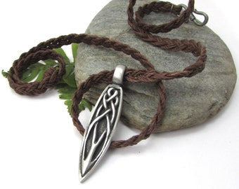 Spearhead Celtic Knot Pendant with Custom Hemp Cord Necklace, Earth-tone Colors. Celtic Knotwork Jewelry