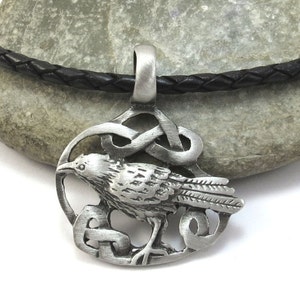 Celtic Knotwork Raven Necklace with Braided Leather Cord, Odin&#39;s Raven Pendant