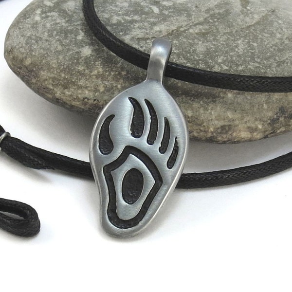 Native Bear Necklace, Tribal Bear Paw Print Necklace - Black, Brown or Tan Cord - Bear Necklace