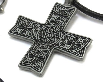 Men's Celtic Cross Necklace, Large Celtic Cross Pendant with Faux Leather Cord - Celtic Knotwork Jewelry