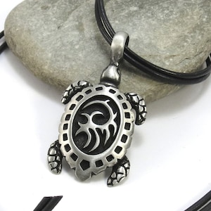 Tribal Sea Turtle Necklace - Leather Necklace, Surf Jewelry - Custom Length Black, Brown, Gray or Tan Leather Cord - Turtle Jewelry