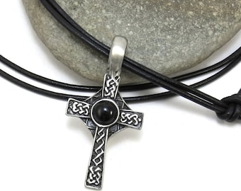 Celtic Cross Necklace, Celtic Knot Cross Pendant - Silver Pewter Cross Jewelry, Leather Cord