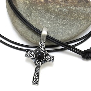 Celtic Cross Necklace, Celtic Knot Cross Pendant - Silver Pewter Cross Jewelry, Leather Cord