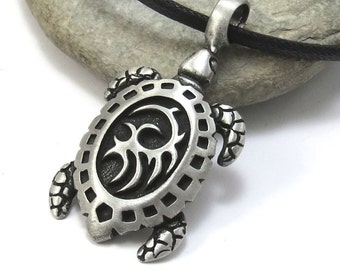 Tribal Sea Turtle Pendant Necklace, Pewter Ocean Jewelry