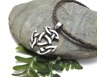 Triquetra Celtic Knot Necklace, Triple Knot Pendant with Custom Leather Cord, Knotwork Jewelry