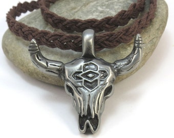 Bull Skull Hemp Cord Necklace - Southwestern Cow Skull Pendant - Mens Skull Jewelry, Western Jewelry