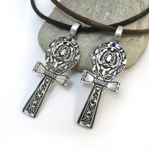 Egyptian Ankh Pendant - Large Silver Ankh Necklace - Scarab Necklace, Key of Life - Blue or Red