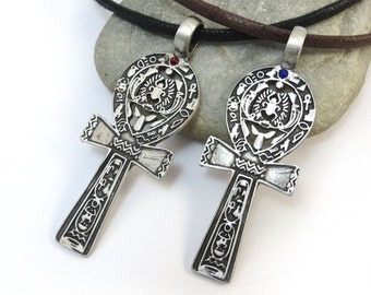 Egyptian Ankh Pendant - Large Silver Ankh Necklace - Scarab Necklace, Key of Life - Blue or Red