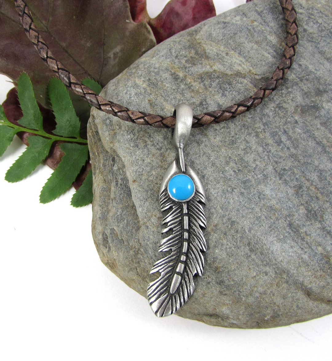 Eagle Feather Necklace, Turquoise Blue Stone on Custom Leather