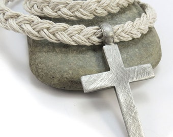 Thick Hemp Necklace, Large Rustic Cross Pendant, Mens Cross Pendant - Christian Jewelry, Hemp Cord