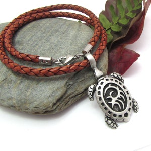 Tribal Turtle Necklace, Thick Leather Cord, Men&#39;s Large Sea Turtle Pendant - Ocean Jewelry, Silver Pewter Turtle - Beach Jewelry