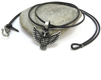 Owl Necklace, Silver Owl Pendant with Leather Cord - Silver Bird Jewelry