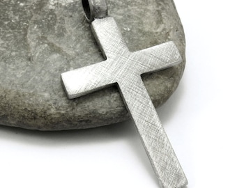 Large Simple Cross Pendant, Men&#39;s Jewelry - Rustic Finished Big Cross Jewelry, Silver Cross (Fine Pewter)