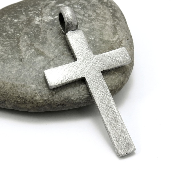 Large Simple Cross Pendant, Men's Jewelry - Rustic Finished Big Cross Jewelry, Silver Cross (Fine Pewter)