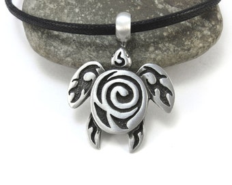Pewter Sea Turtle Necklace, Tribal Pendant, Woven Cotton Cord