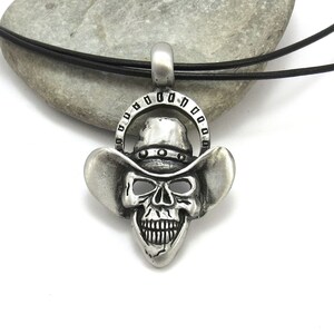 Skull Jewelry, Mens Necklace - Cowboy Skull Pendant on Leather Cord