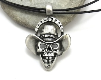 Skull Jewelry, Mens Necklace - Cowboy Skull Pendant on Leather Cord