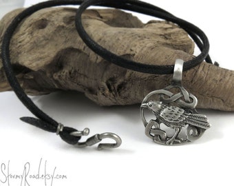 Odin&#39;s Raven Necklace - Celtic Knot Pendant, Silver Bird Jewelry - Black, Brown or Tan Cord
