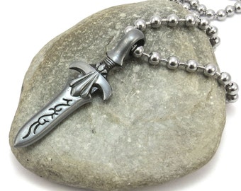 Pewter Sword Pendant, Stainless Steel Ball Chain, Men's Fantasy Necklace
