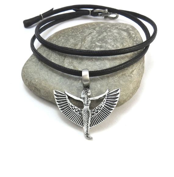 Winged Isis Pewter Pendant Necklace, Egyptian Goddess Jewelry