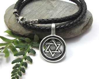 Star of David Necklace, Custom Leather Cord, Multiple colors and lengths, Men's Jewish Star of David Pendant