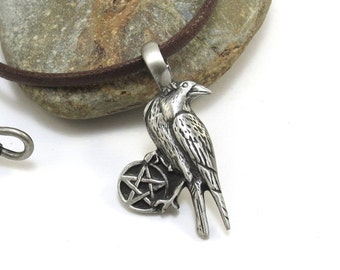 Pentagram Necklace - Raven Necklace with Pentacle, Pagan Jewelry - Crow Pendant