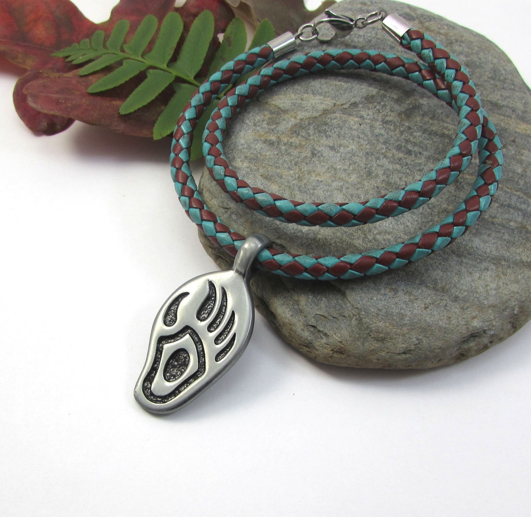 Bear Paw Print Necklace, Custom Leather Cord, Multiple Colors and