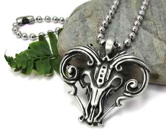 Large Ram Skull Pendant with Stainless Steel Ball Chain Necklace, Skull Jewelry with Ball Chain