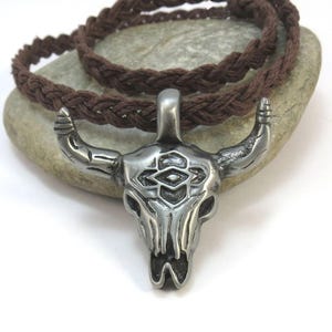 Bull Skull Hemp Cord Necklace - Southwestern Cow Skull Pendant - Mens Skull Jewelry, Western Jewelry