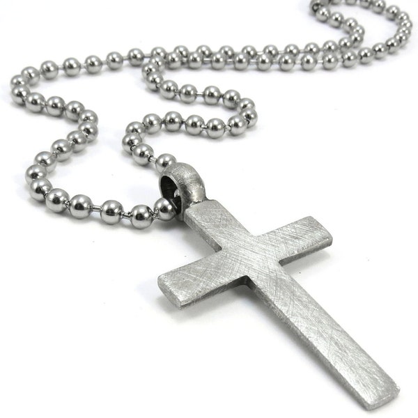 Rustic Men's Cross Necklace, Christian Jewelry - Simple Cross Pendant with Stainless Steel Chain