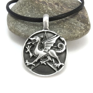 Dragon Pentagram Necklace, Pentacle Pendant with Custom Faux Leather Cord - Pagan Jewelry, Mens Jewelry