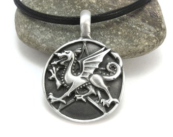 Dragon Pentagram Necklace, Pentacle Pendant with Custom Faux Leather Cord - Pagan Jewelry, Mens Jewelry