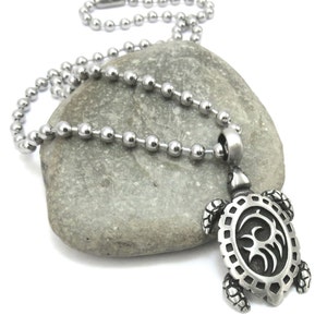 Sea Turtle Gifts, Men&#39;s Ocean Necklace - Tribal Sea Turtle Necklace & Surfer Jewelry, Large Stainless Steel Chain