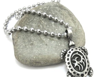 Tribal Sea Turtle Necklace, Large Pewter Pendant, Stainless Steel Chain