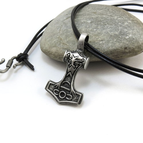 Reversible Mjolnir Necklace - Viking Jewelry, Leather Cord - Thors Hammer Necklace, Mjolnir Pendant