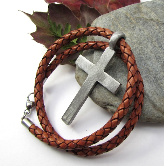 Large Pewter Cross Pendant Necklace, Thick Braided Leather  display picture 1