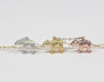 Bear Necklace, Silver, Gold, Rose Gold Bear Necklace, Winter Mountain Grizzly Bear, 3D Realistic Bear Charm Necklace, Wild Animal Jewelry