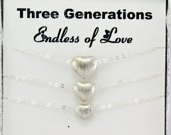 Grandmother Mother Daughter Heart Necklace Set, Family Jewelry, Sterling Silver Brushed Matching Heart Necklaces, Generation Jewelry