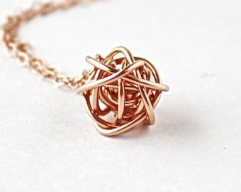 Rose Gold Wire Ball Necklace, Rose Gold Love Knot Necklace, Rose Gold Love knot Bridesmaid Necklace, Anniversary and Birthday Gift