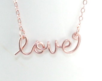 Rose Gold Love Necklace - Wire Script Love Word Necklace, 14KRose Gold Filled Wire Love Jewelry