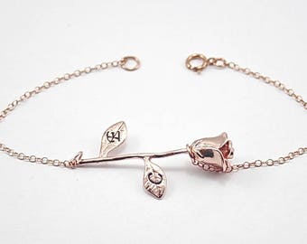 Personalized Initial Rose Flower bracelet, Beauty And Beast Jewelry, Bridesmaid Bracelet, Gift For Mother Girlfriend and Sister, Lovers Gift