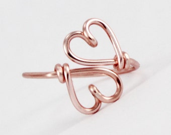Double Hearts Ring, Rose Gold Heart Ring, SweetHeart Ring, Dainty Adjustable Ring, Girlfriend Best Friends Gift, Valentine's Day Gift