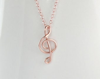 Rose Gold Wire Treble Clef Necklace, Musical Symbol Jewelry, G Clef Pendant Necklace, Gift And Every Day Wear Minimalist Necklace