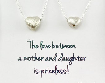 Mother Daughter Heart Necklace Set, Sterling Silver Matte Brushed Heart Necklace, Mom Daughter Matching Necklace, Family Jewelry