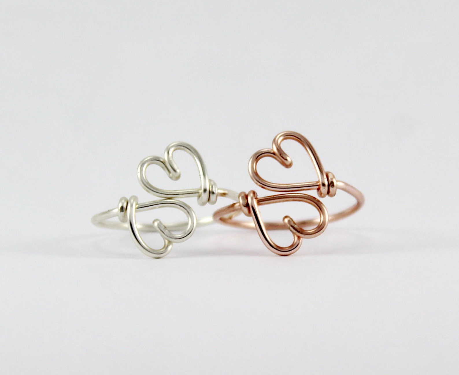 Double Hearts Ring, Silver Wire Adjustable Dainty Heart Ring, Sweet ...